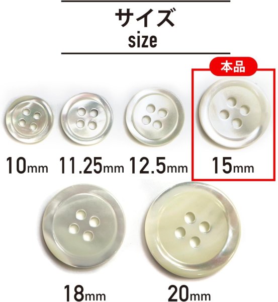 画像2: シェルボタン 貝製 片面 高瀬貝 シャツ 四つ穴 白 ホワイト 5個入り【15mm】きらきらぷんぷん丸 B-095 (2)