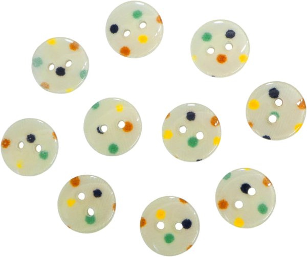 画像1: 二つ穴ボタン アイボリー カラフル 水玉模様 【13mm】 10個入り ツヤあり フラット ドット柄 白 樹脂製 おしゃれ 可愛い きらきらぷんぷん丸 B-1198 (1)