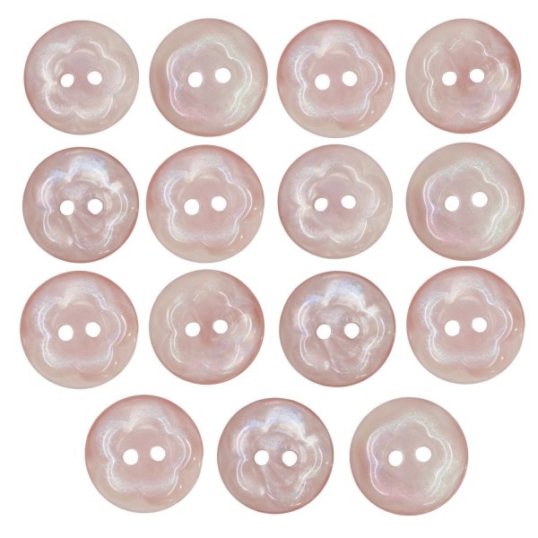 画像1: 二つ穴ボタン フラワー マーブル模様 【ピンク】 15個入り 【11.5mm】 オーロラ 光沢 透け感 花 樹脂製 手芸 おしゃれ きらきらぷんぷん丸 B-1376 (1)