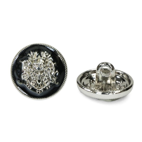 画像1: メタルボタン エンブレム 【ブラック＆シルバー】15mm 10個入 丸型 足つき 2トーン 手芸 服飾 付け替え ボタンマート B-1926 (1)